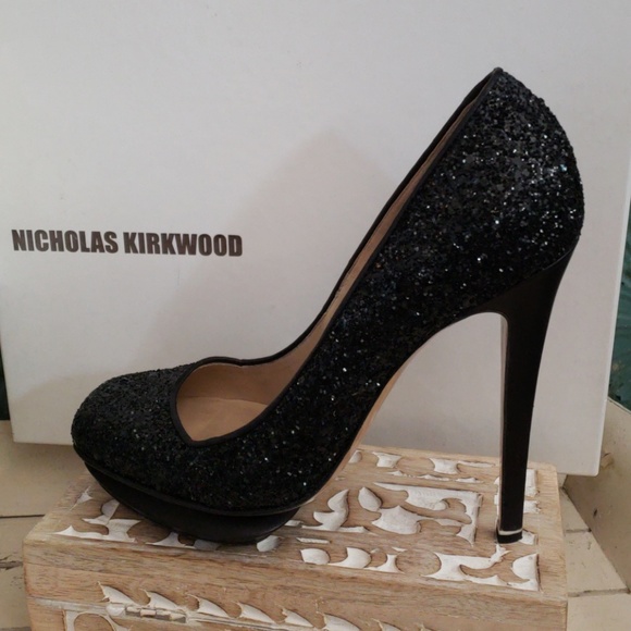 NICHOLAS KIRKWOOD TESS BLACK GLITTER  HEELS SIZE 6 - Picture 2 of 8